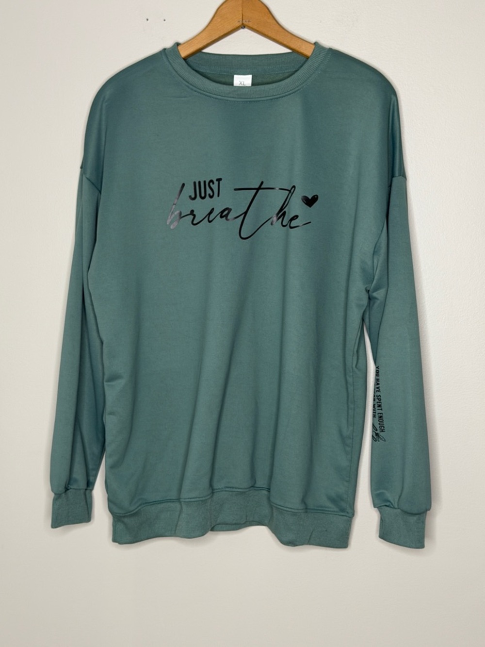 Seafoam Green Crewneck with Motivational Black Script ‘Just Breath’